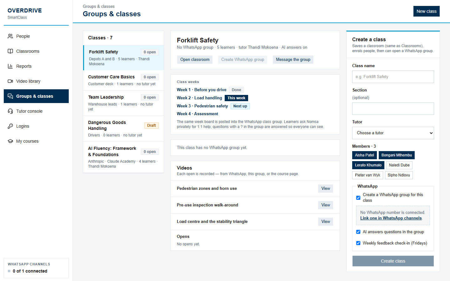 Groups and classes, linking each classroom to its WhatsApp group