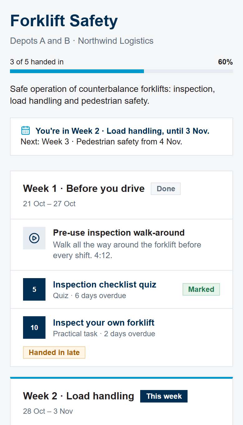The learner's course page on a phone, with this week's lessons