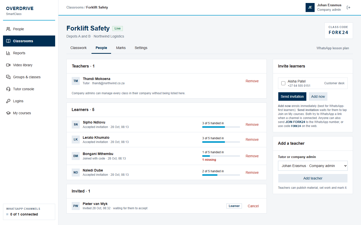 The class People tab with teachers, learners and invitations